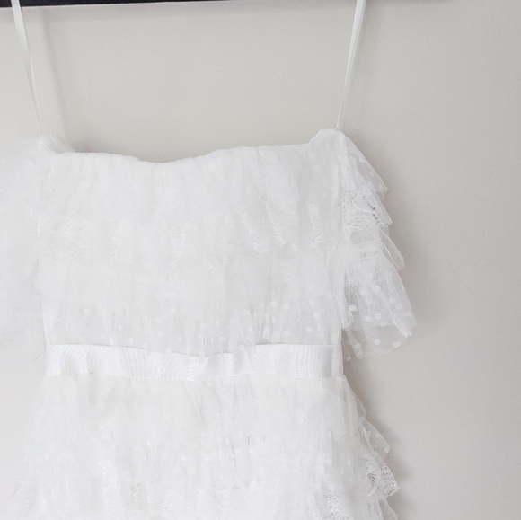 NEW BCBGMAXAZRIA x REVOLVE Off White Strapless Corset Ruffle Tiered Mini Dress 0 - Picture 5 of 10